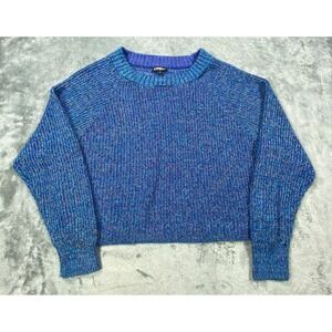 Express Sweater Cropped Women M Blue Round Neck Pullover Color Twist Long Sleeve